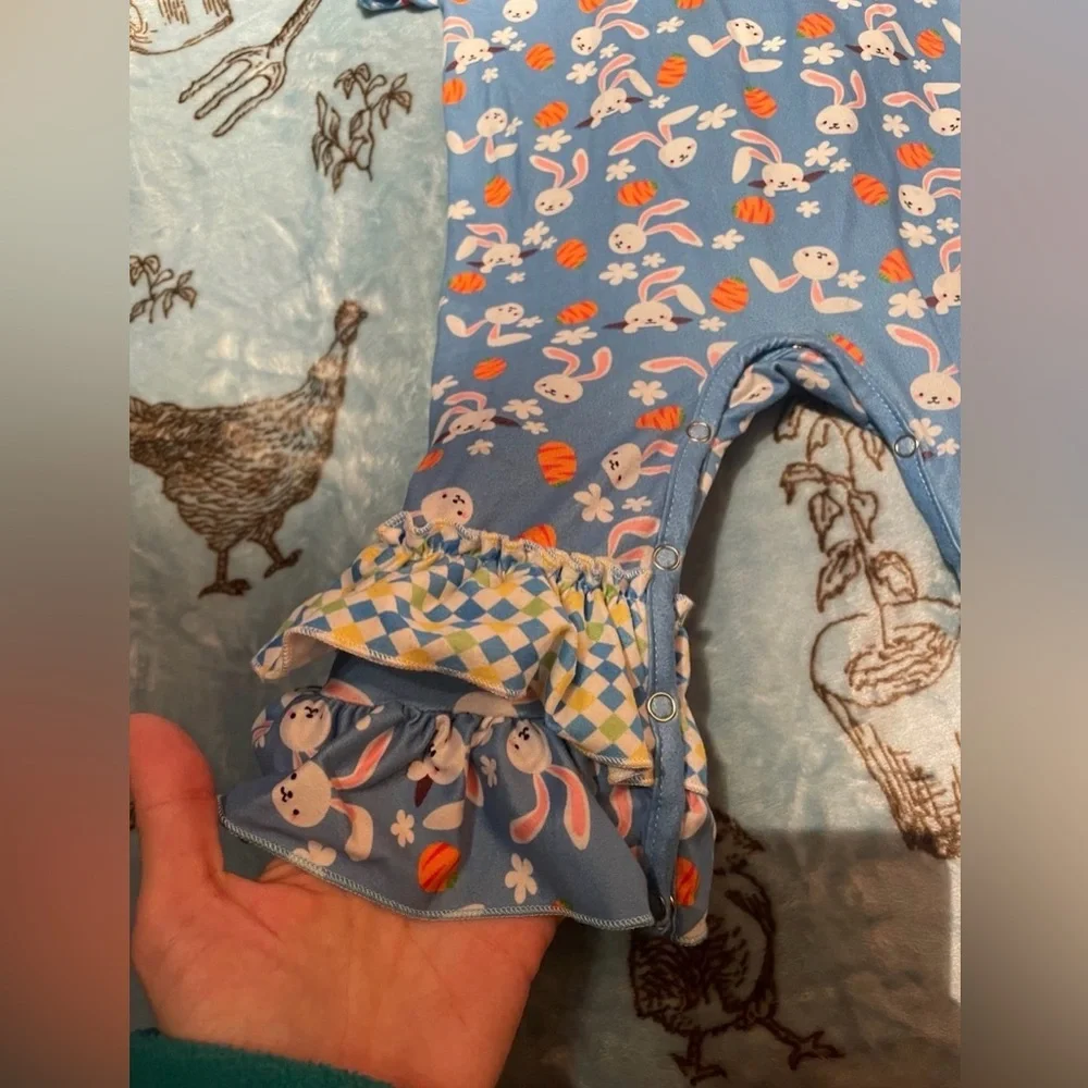 EUC Marie Nicole Easter Bunny Patterned Ruffle Jumpsuit